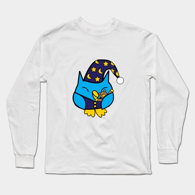 Sleepy Owl Cute Blue Long Sleeve T-Shirt by Beautiful Cuteness